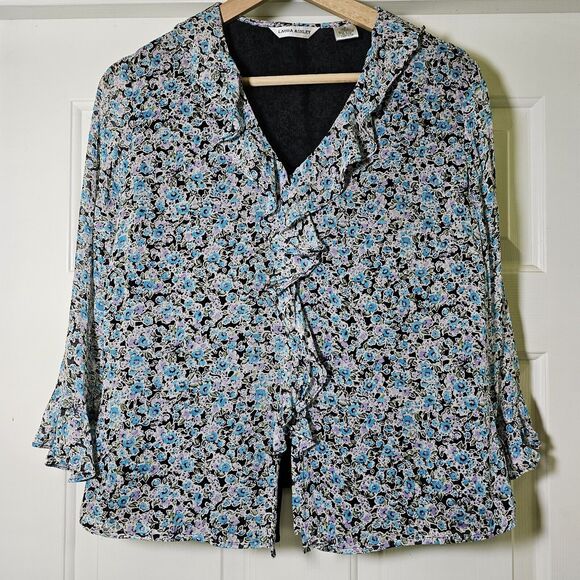 Laura Ashley Top Women's 8 Black Blue Purple Dark Floral Silk Ruffle V-neck - Picture 1 of 8
